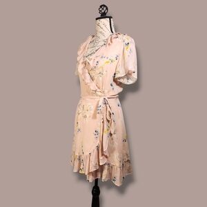 PAIGE Floral Ruffle Mini Dress in Soft Pink  100% Silk